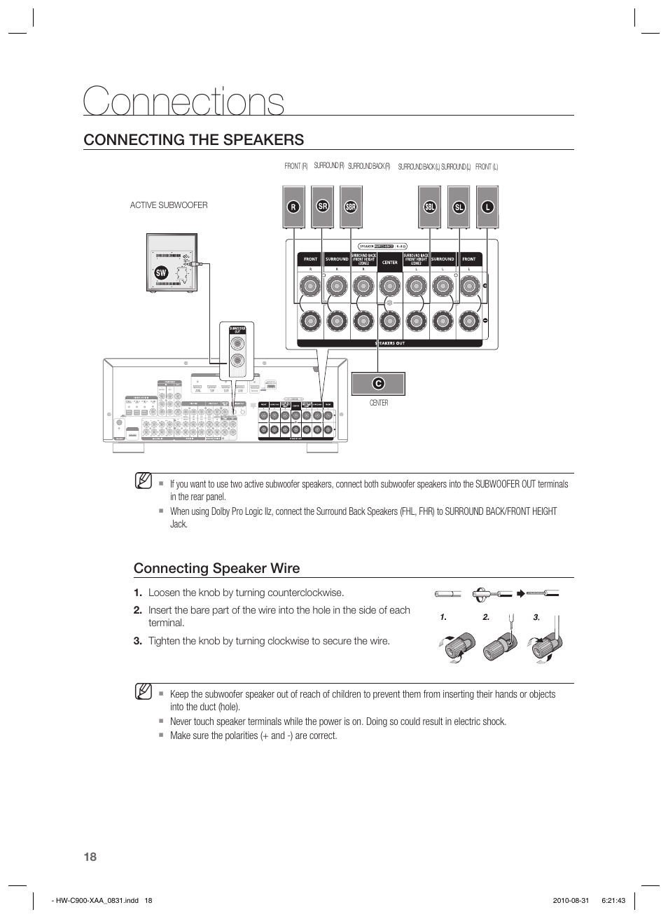 Connections, Connecting the speakers, Connecting speaker wire | Samsung HW-C900-XAA User Manual | Page 18 / 70