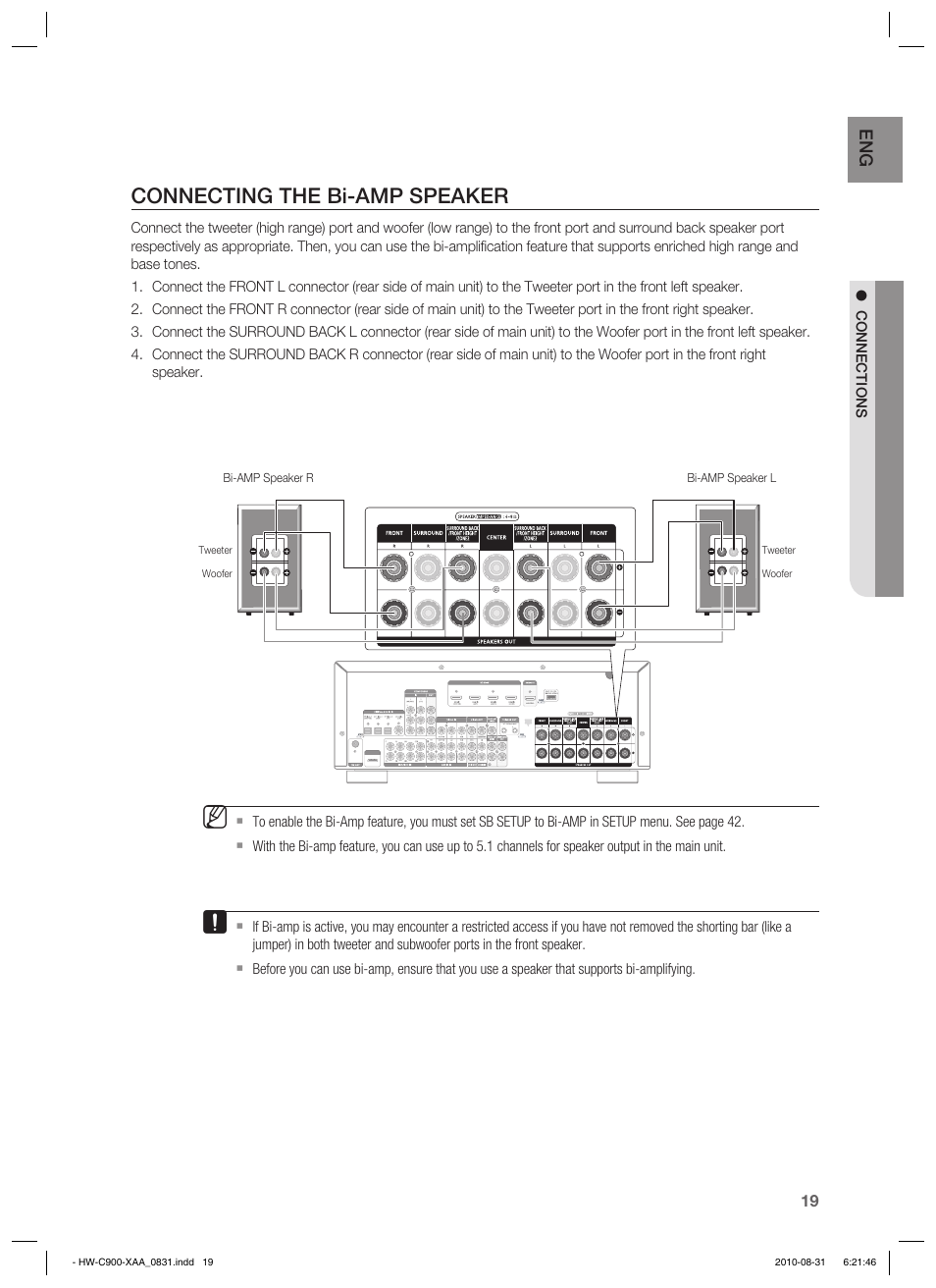 Connecting the bi-amp speaker | Samsung HW-C900-XAA User Manual | Page 19 / 70