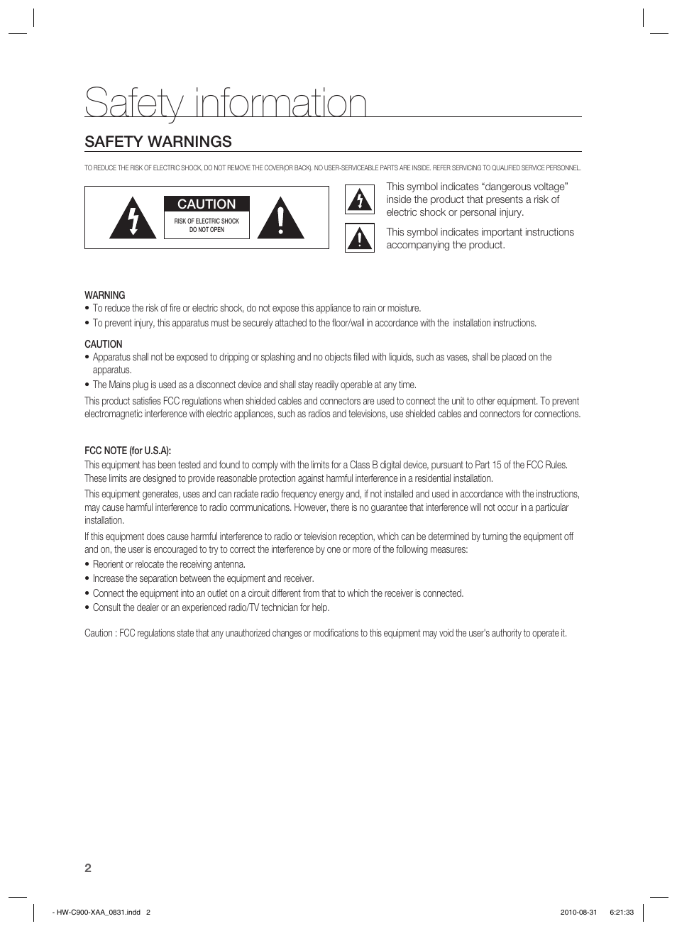 Safety information, Safety warnings | Samsung HW-C900-XAA User Manual | Page 2 / 70