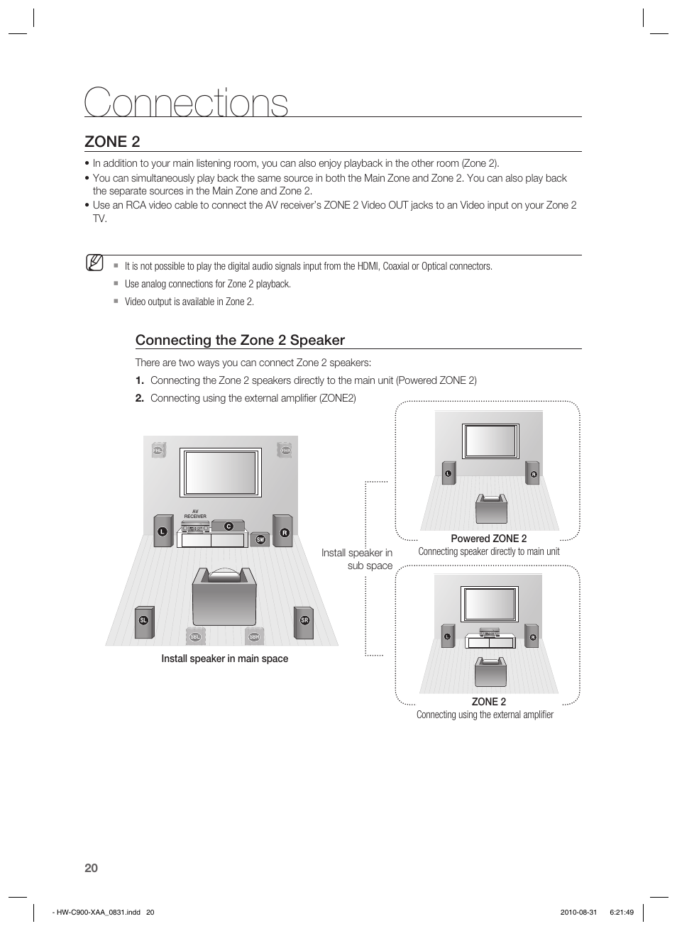 Connections, Zone 2, Connecting the zone 2 speaker | Samsung HW-C900-XAA User Manual | Page 20 / 70