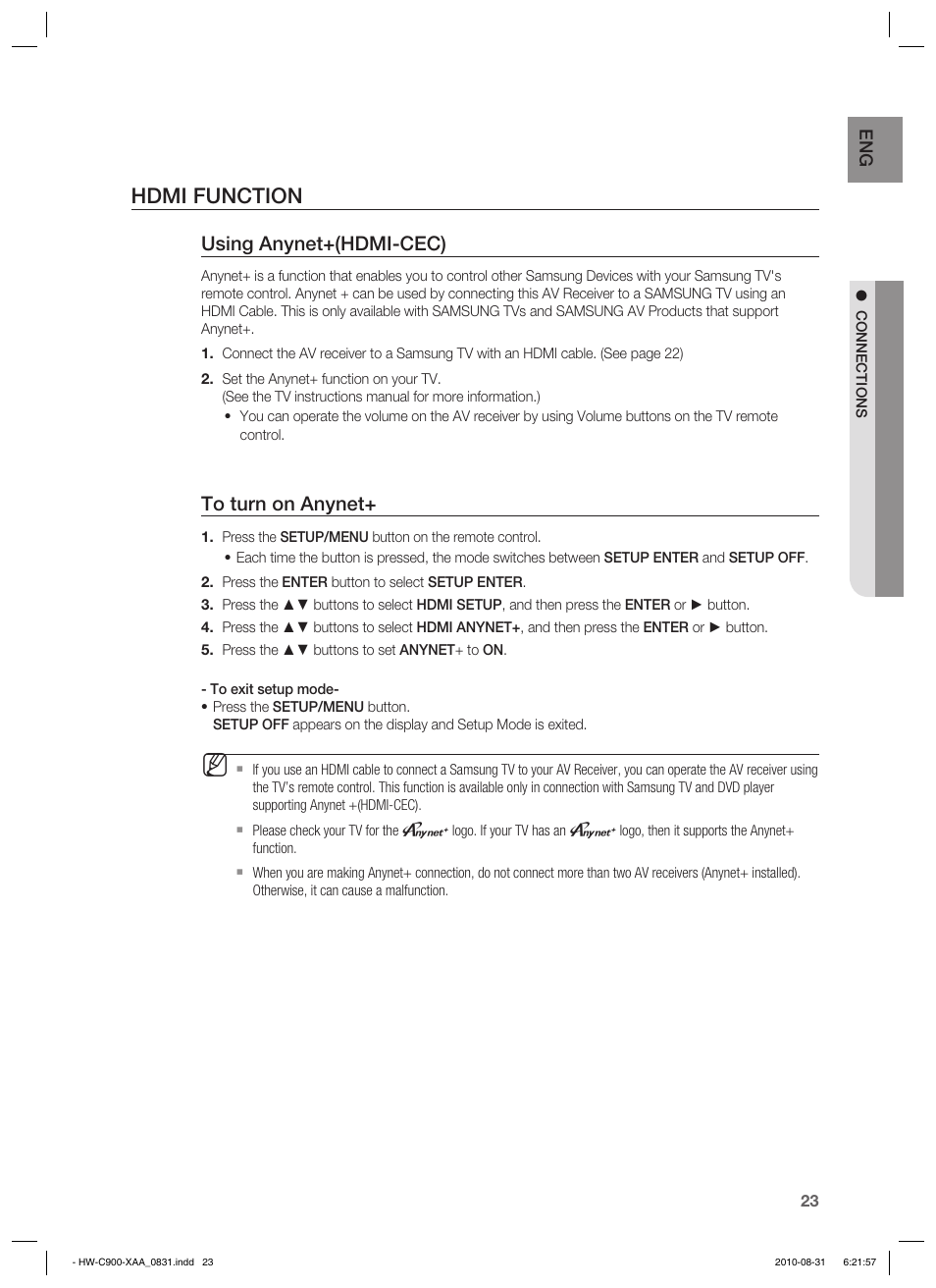 Hdmi function, Using anynet+(hdmi-cec) | Samsung HW-C900-XAA User Manual | Page 23 / 70