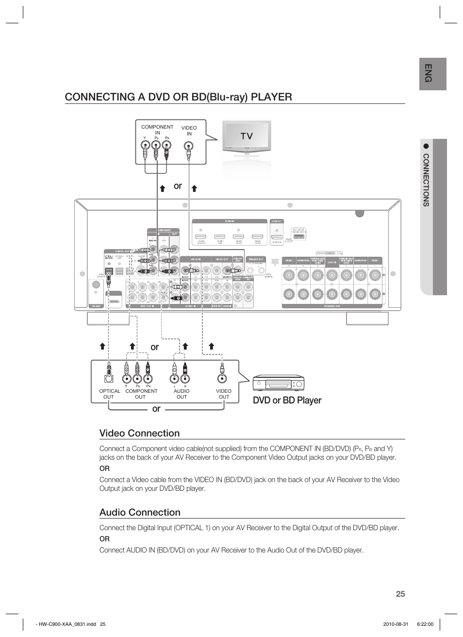 Connecting a dvd or bd(blu-ray) player, Video connection, Audio connection | Or dvd or bd player | Samsung HW-C900-XAA User Manual | Page 25 / 70