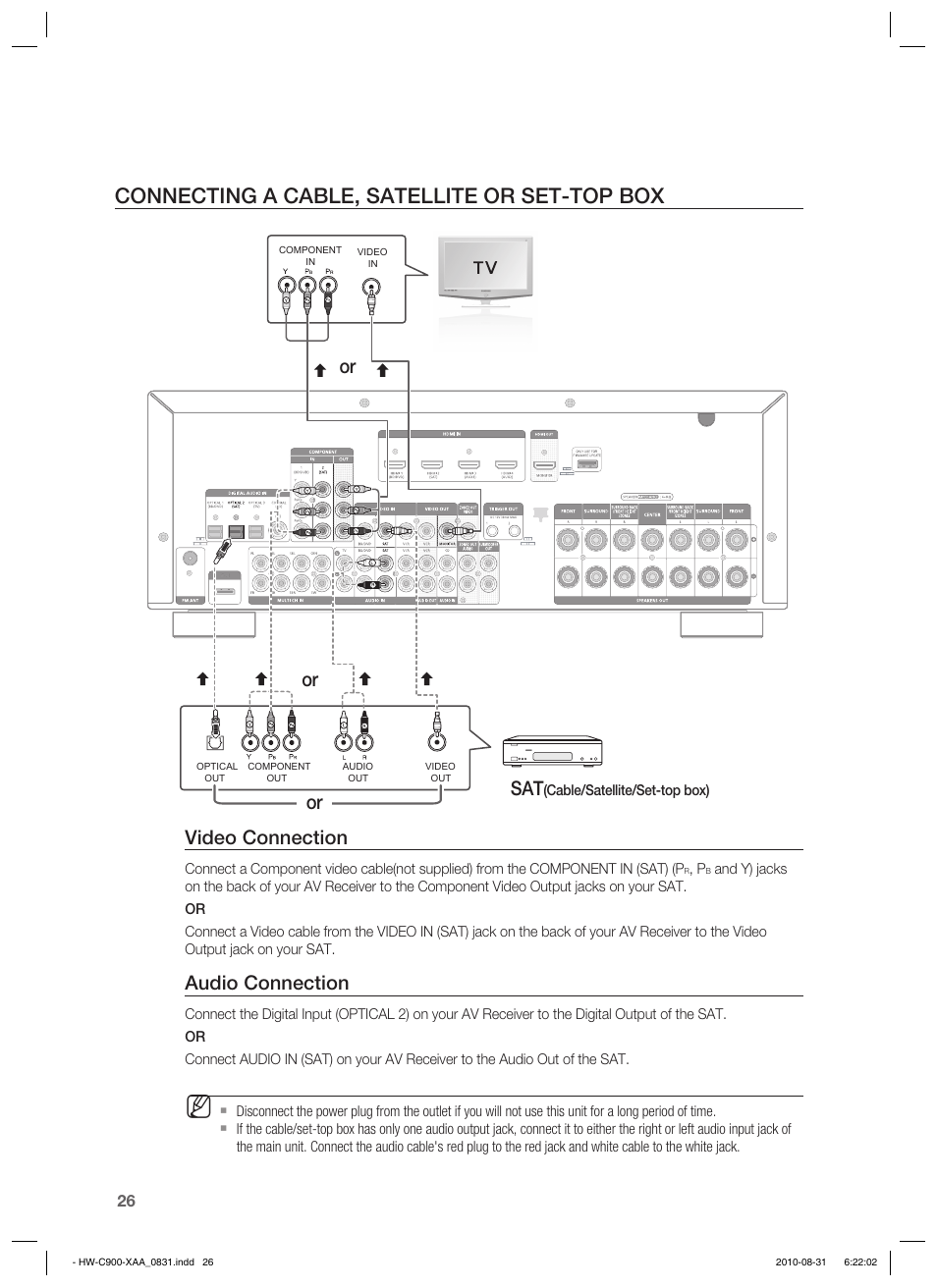 Connecting a cable, satellite or set-top box, Video connection, Audio connection | Or sat | Samsung HW-C900-XAA User Manual | Page 26 / 70