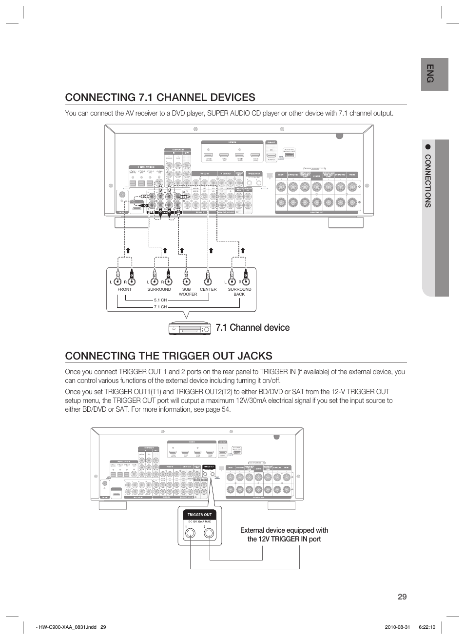 Connecting 7.1 channel devices, Connecting the trigger out jacks, 1 channel device | Connections | Samsung HW-C900-XAA User Manual | Page 29 / 70