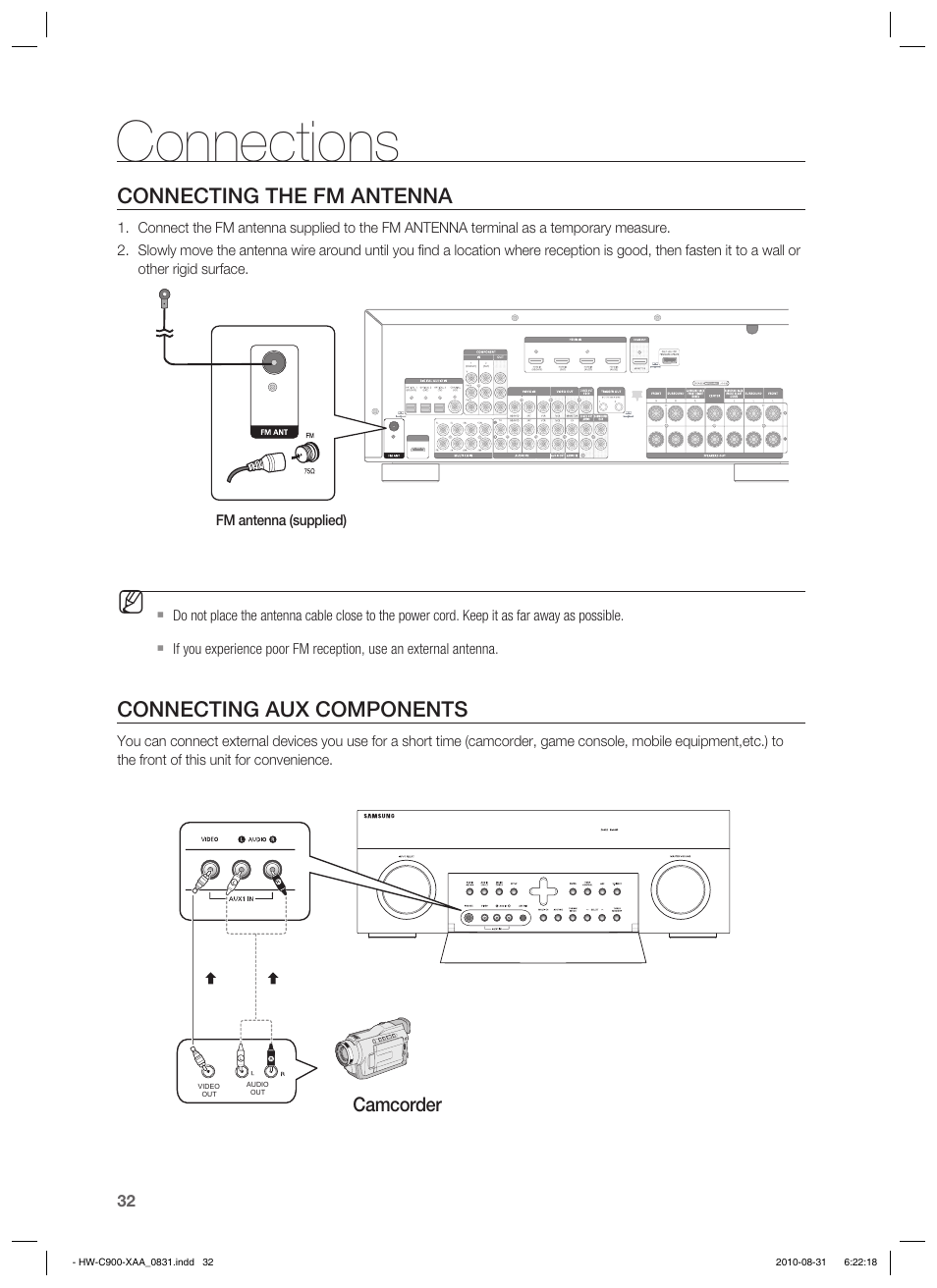 Connecting the fm antenna, Connections, Connecting aux components | Samsung HW-C900-XAA User Manual | Page 32 / 70