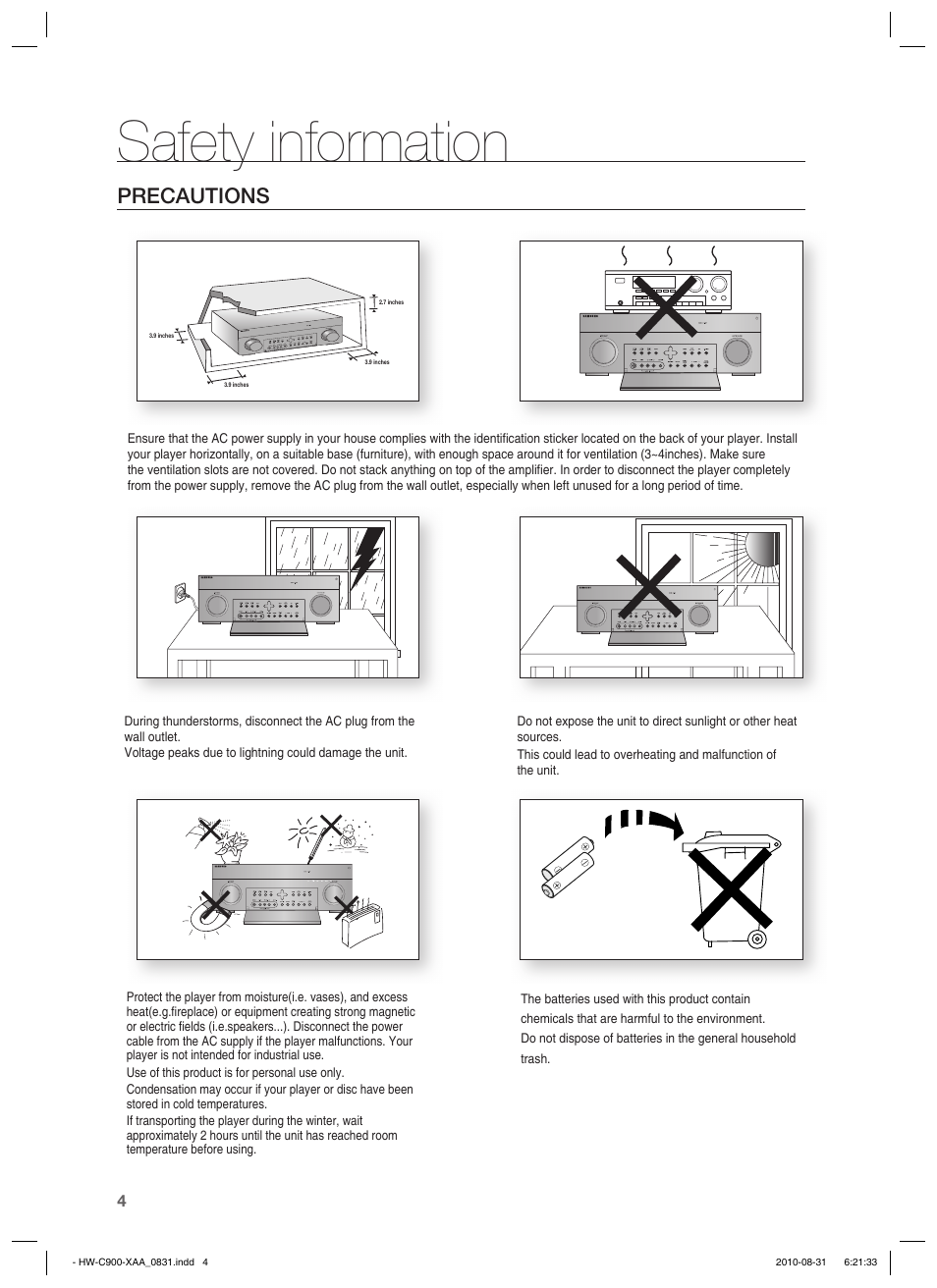 Safety information, Precautions | Samsung HW-C900-XAA User Manual | Page 4 / 70