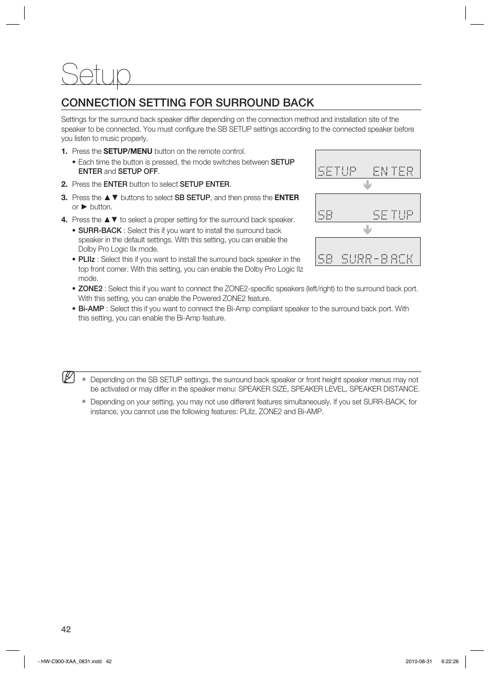 Connection setting for surround back, Setup | Samsung HW-C900-XAA User Manual | Page 42 / 70