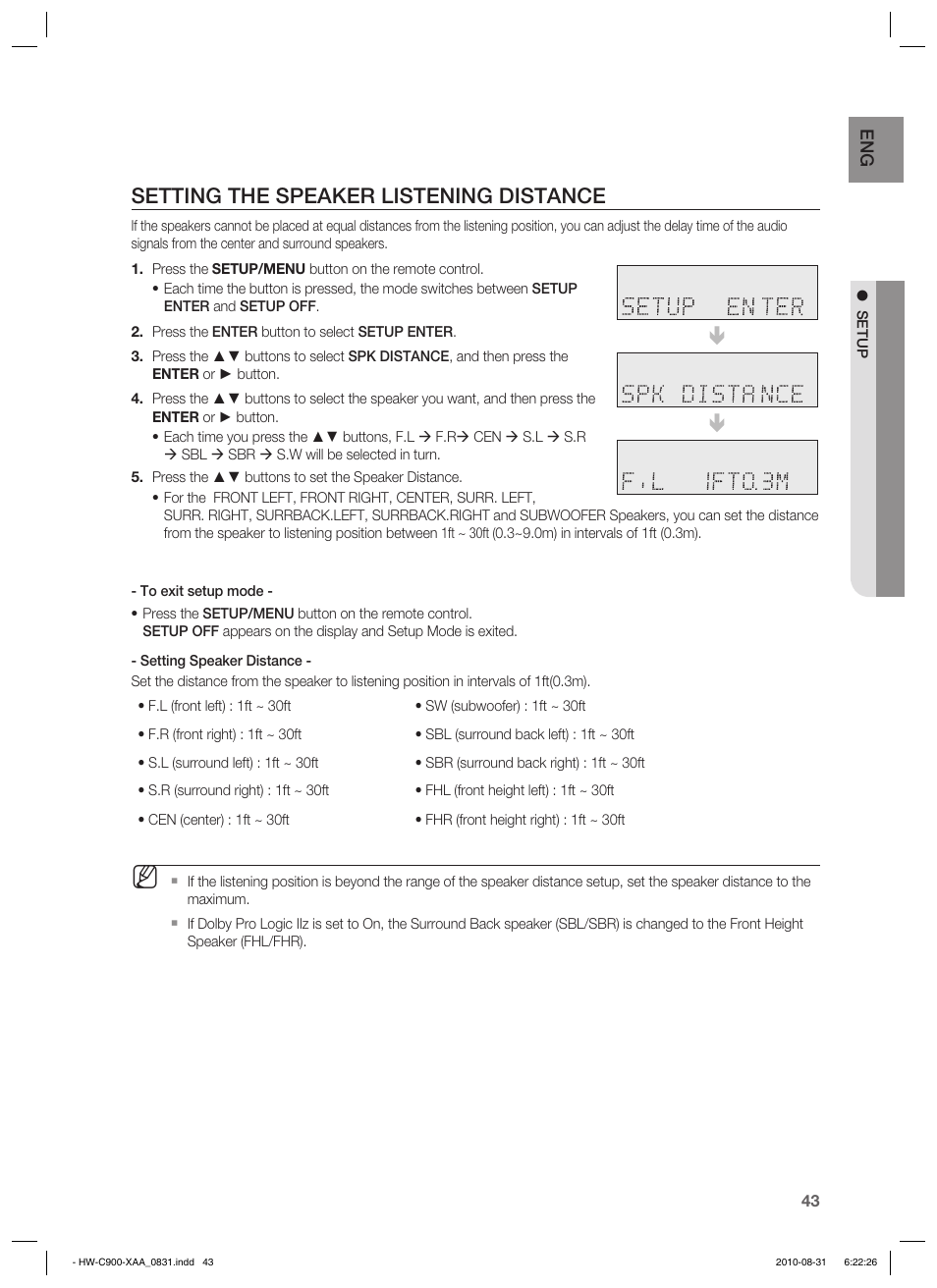 Setting the speaker listening distance | Samsung HW-C900-XAA User Manual | Page 43 / 70