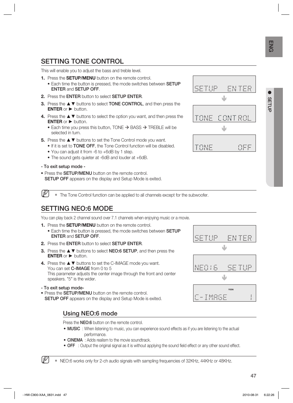 Setting tone control, Setting neo:6 mode, Using neo:6 mode | Samsung HW-C900-XAA User Manual | Page 47 / 70