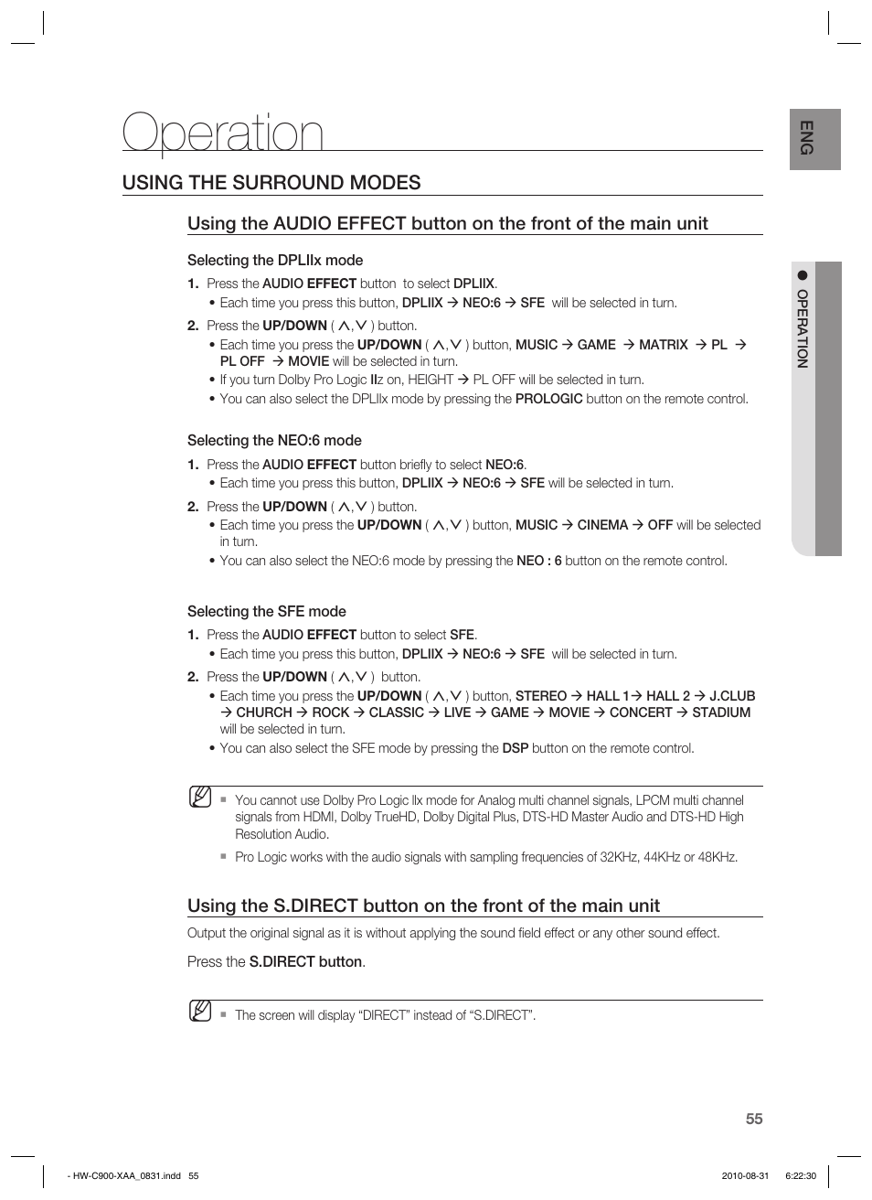 Operation, Using the surround modes | Samsung HW-C900-XAA User Manual | Page 55 / 70