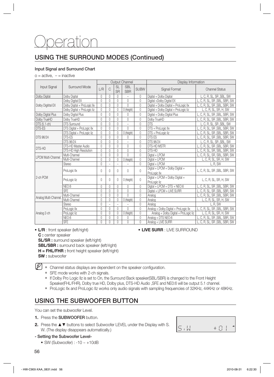 Operation, Using the surround modes (continued), Using the subwoofer button | Samsung HW-C900-XAA User Manual | Page 56 / 70