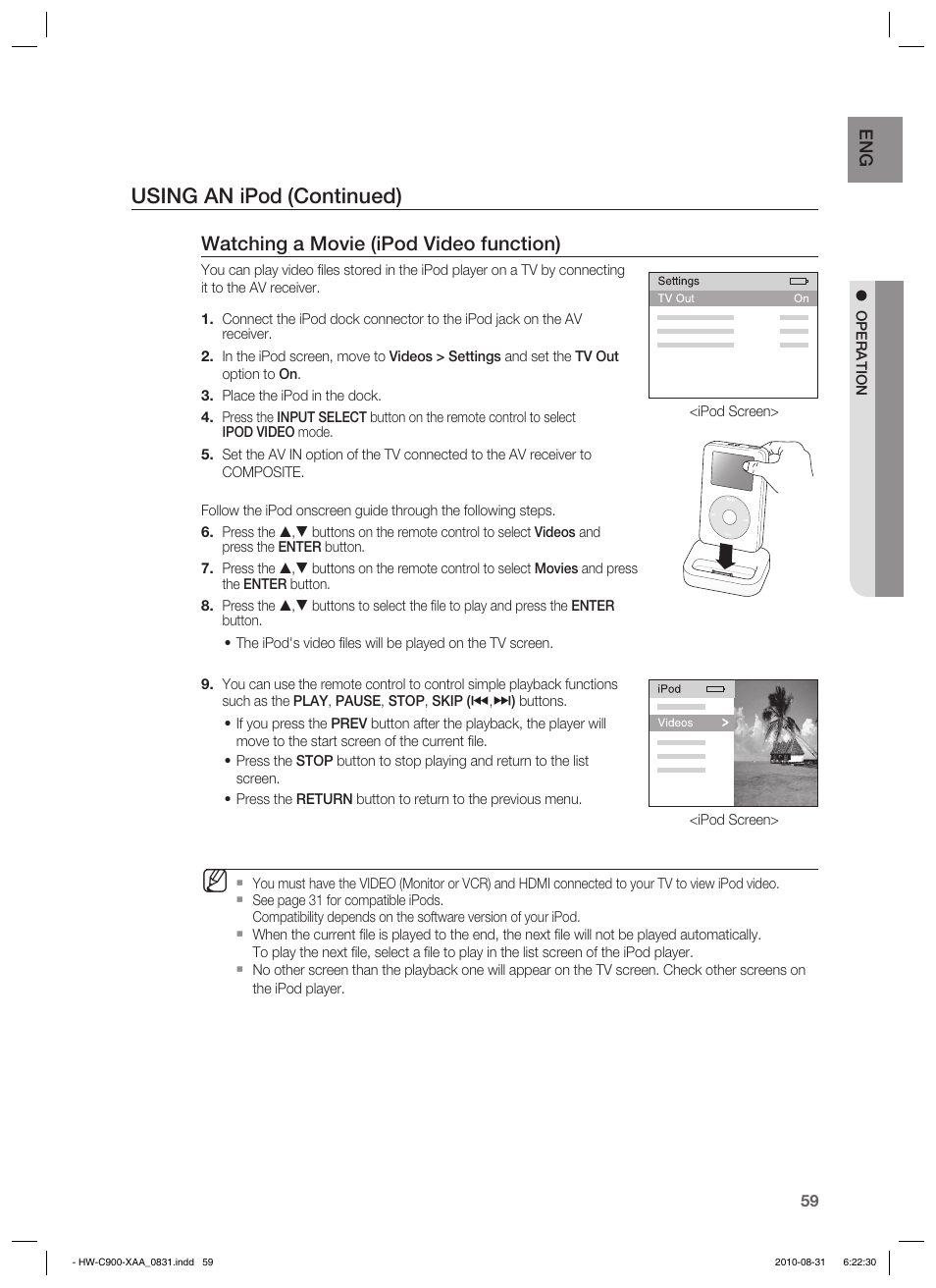 Using an ipod (continued), Watching a movie (ipod video function) | Samsung HW-C900-XAA User Manual | Page 59 / 70