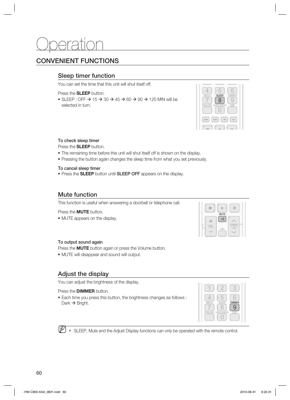 Convenient functions, Operation, Sleep timer function | Mute function, Adjust the display | Samsung HW-C900-XAA User Manual | Page 60 / 70