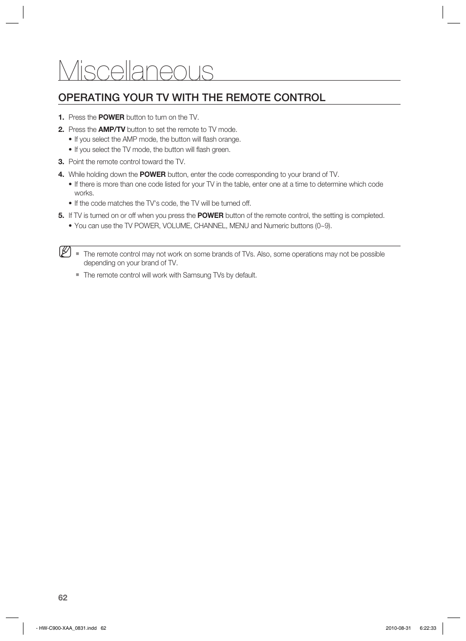 Miscellaneous, Operating your tv with the remote control | Samsung HW-C900-XAA User Manual | Page 62 / 70