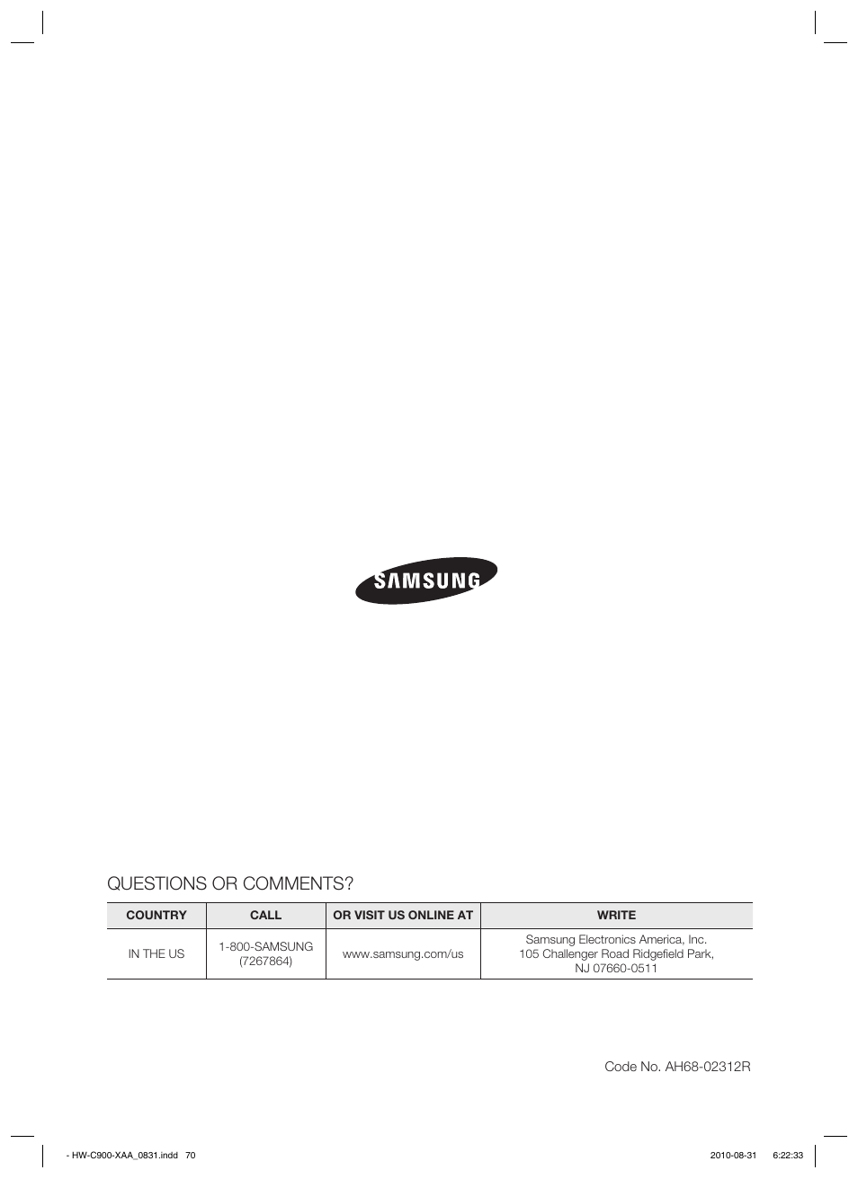 Questions or comments | Samsung HW-C900-XAA User Manual | Page 70 / 70