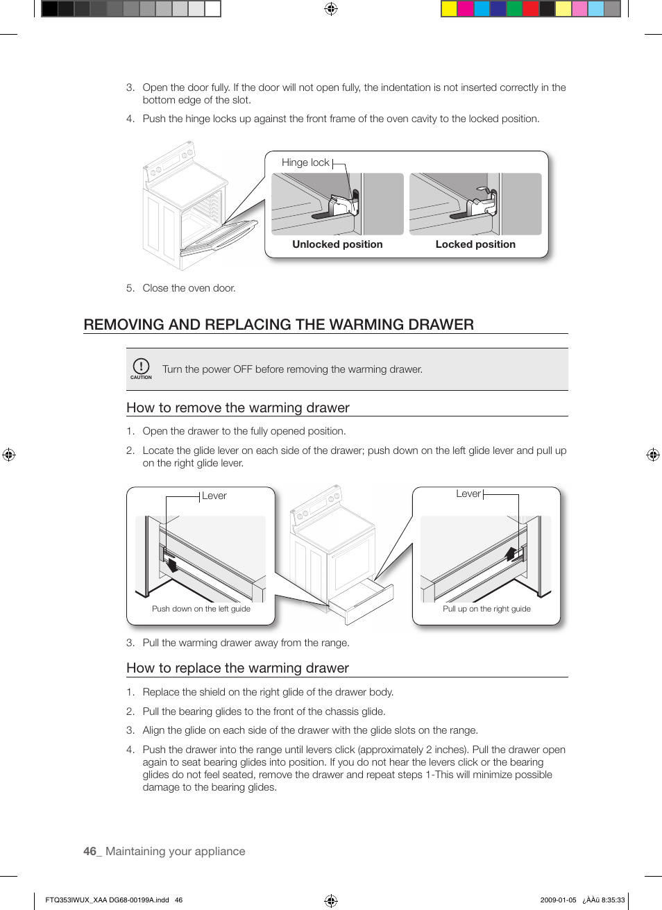 Removing and replacing the warming drawer, How to remove the warming drawer, How to replace the warming drawer | Samsung FTQ353 User Manual | Page 46 / 56