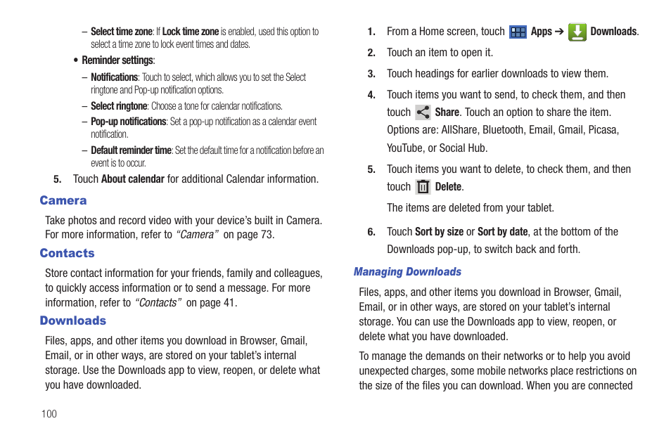 Camera, Contacts, Downloads | Camera contacts downloads | Samsung 8.9 User Manual | Page 104 / 176