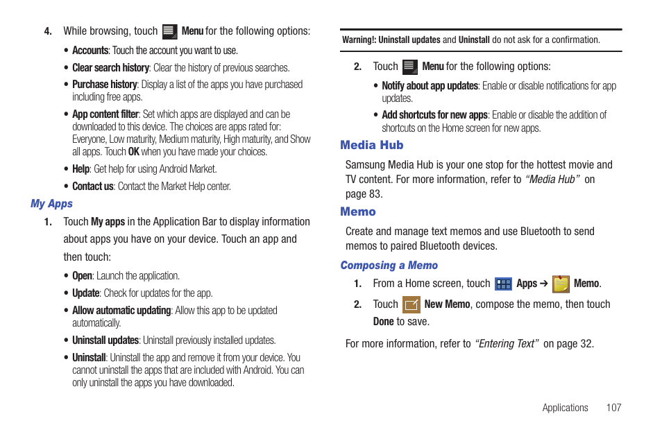 Media hub, Memo, Media hub memo | Samsung 8.9 User Manual | Page 111 / 176