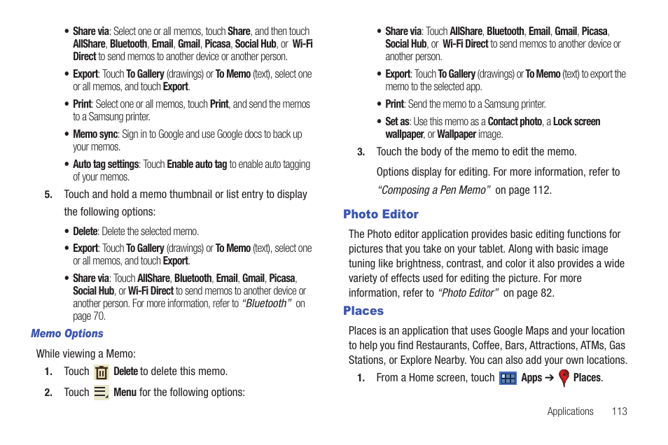 Photo editor, Places, Photo editor places | Samsung 8.9 User Manual | Page 117 / 176