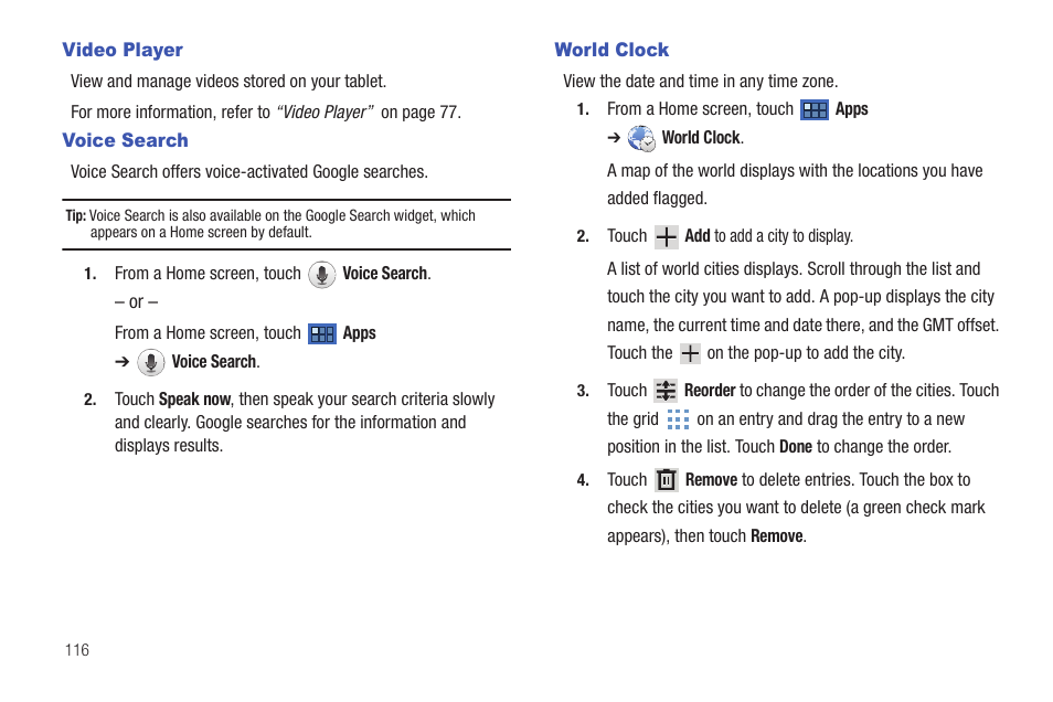Video player, Voice search, World clock | Video player voice search world clock, For more | Samsung 8.9 User Manual | Page 120 / 176