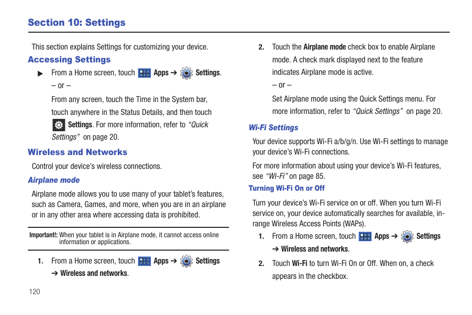 Section 10: settings, Accessing settings, Wireless and networks | Accessing settings wireless and networks, I. for more information, refer | Samsung 8.9 User Manual | Page 124 / 176