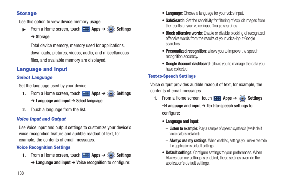 Storage, Language and input, Storage language and input | Samsung 8.9 User Manual | Page 142 / 176