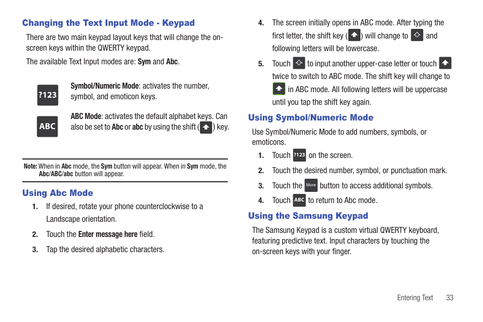 Changing the text input mode - keypad, Using abc mode, Using symbol/numeric mode | Using the samsung keypad | Samsung 8.9 User Manual | Page 37 / 176