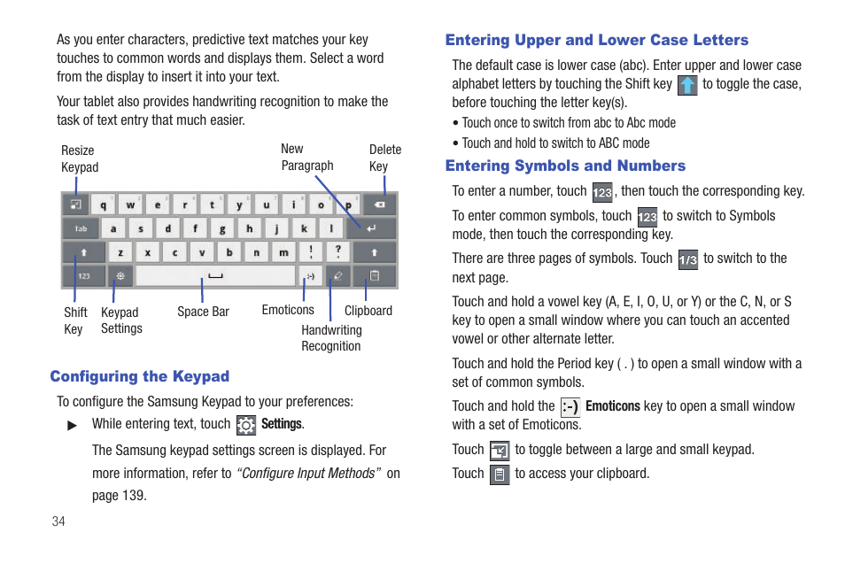 Configuring the keypad, Entering upper and lower case letters, Entering symbols and numbers | Samsung 8.9 User Manual | Page 38 / 176
