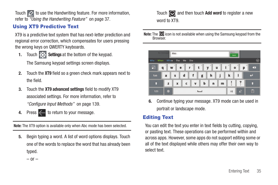 Using xt9 predictive text, Editing text, Using xt9 predictive text editing text | Samsung 8.9 User Manual | Page 39 / 176