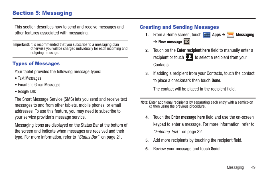 Section 5: messaging, Types of messages, Creating and sending messages | Types of messages creating and sending messages | Samsung 8.9 User Manual | Page 53 / 176