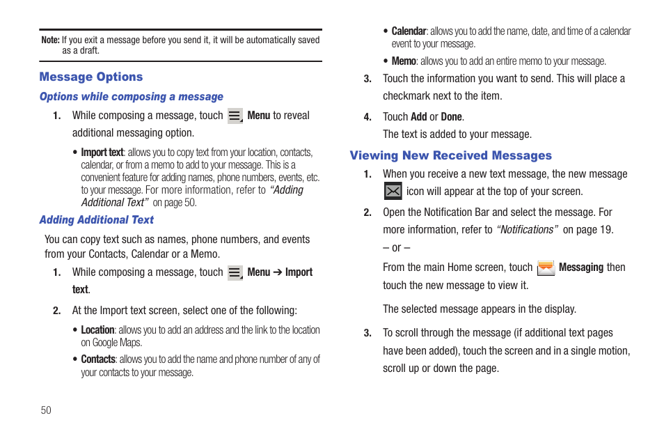 Message options, Viewing new received messages, Message options viewing new received messages | Samsung 8.9 User Manual | Page 54 / 176