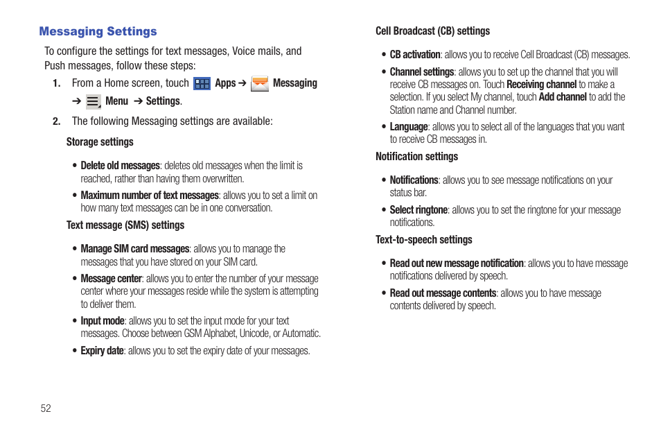 Messaging settings | Samsung 8.9 User Manual | Page 56 / 176