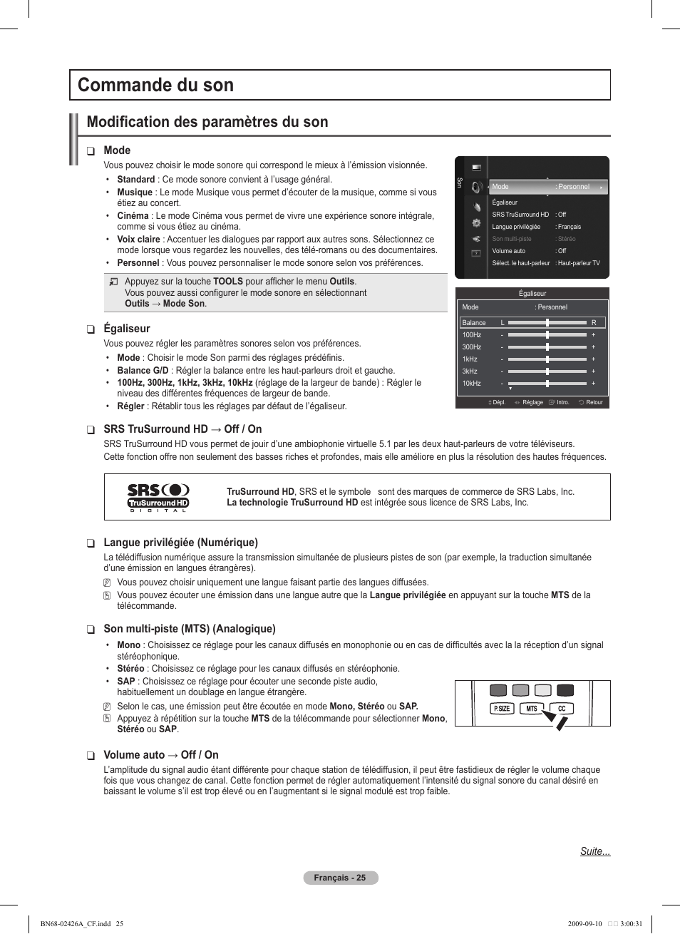 Commande du son, Modification des paramètres du son, Mode | Égaliseur, Srs trusurround hd → off / on, Langue privilégiée (numérique), Son multi-piste (mts) (analogique), Volume auto → off / on | Samsung BN68-02426A-00 User Manual | Page 108 / 125