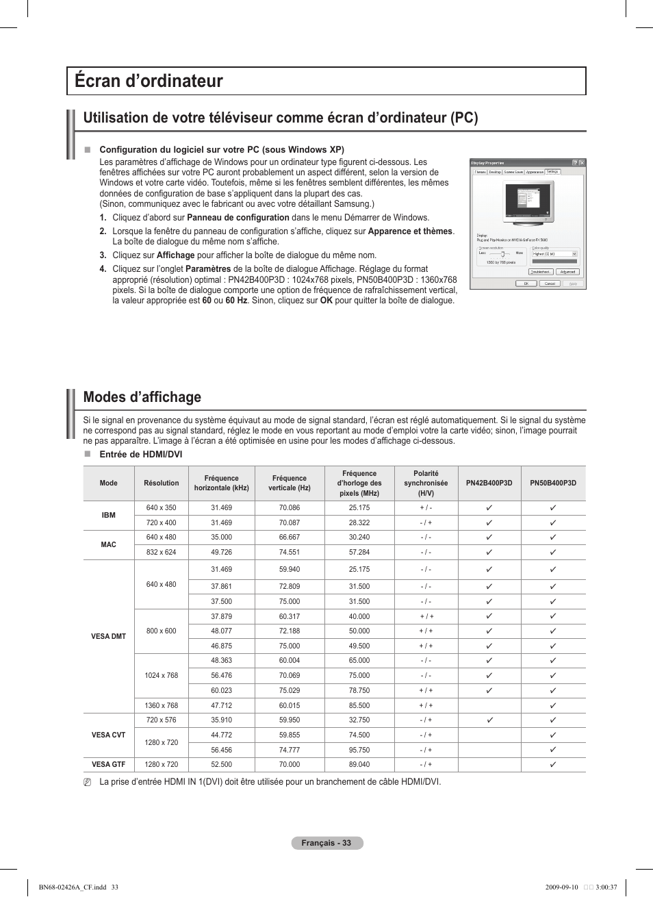 Écran d’ordinateur, Modes d’affichage | Samsung BN68-02426A-00 User Manual | Page 116 / 125