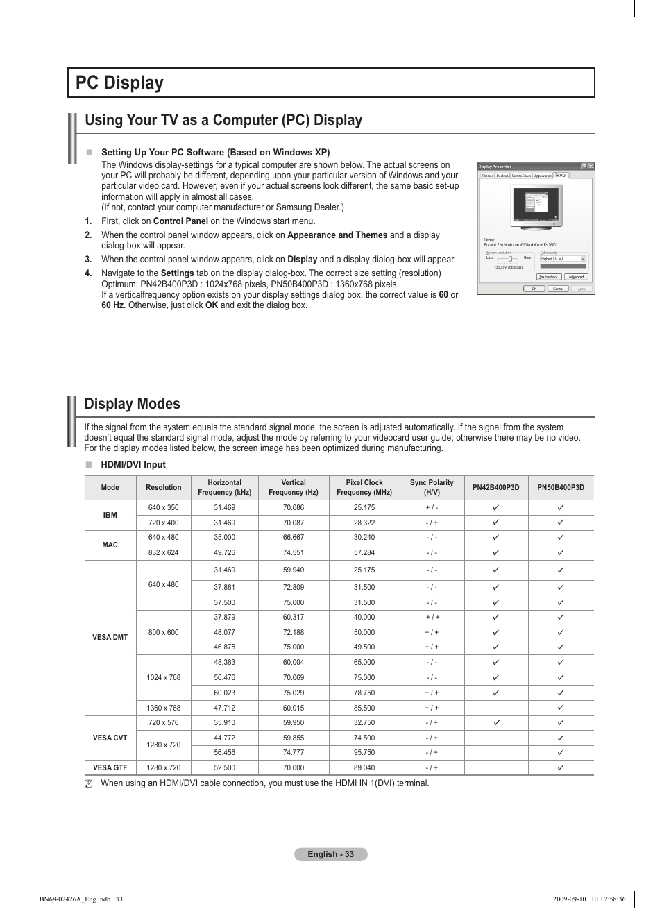 Pc display, Using your tv as a computer (pc) display, Display modes | Samsung BN68-02426A-00 User Manual | Page 33 / 125