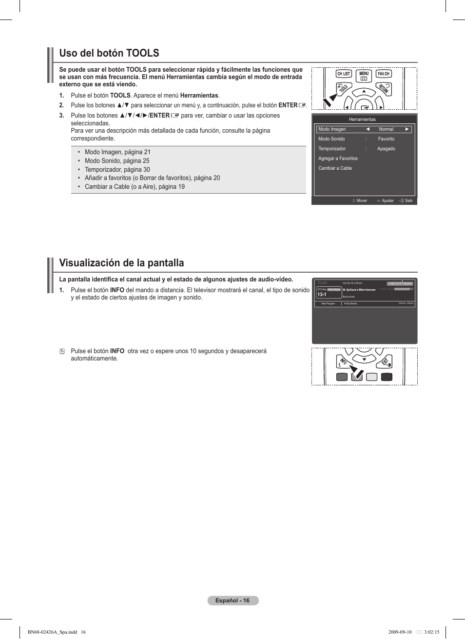 Visualización de la pantalla, Uso del botón tools | Samsung BN68-02426A-00 User Manual | Page 57 / 125