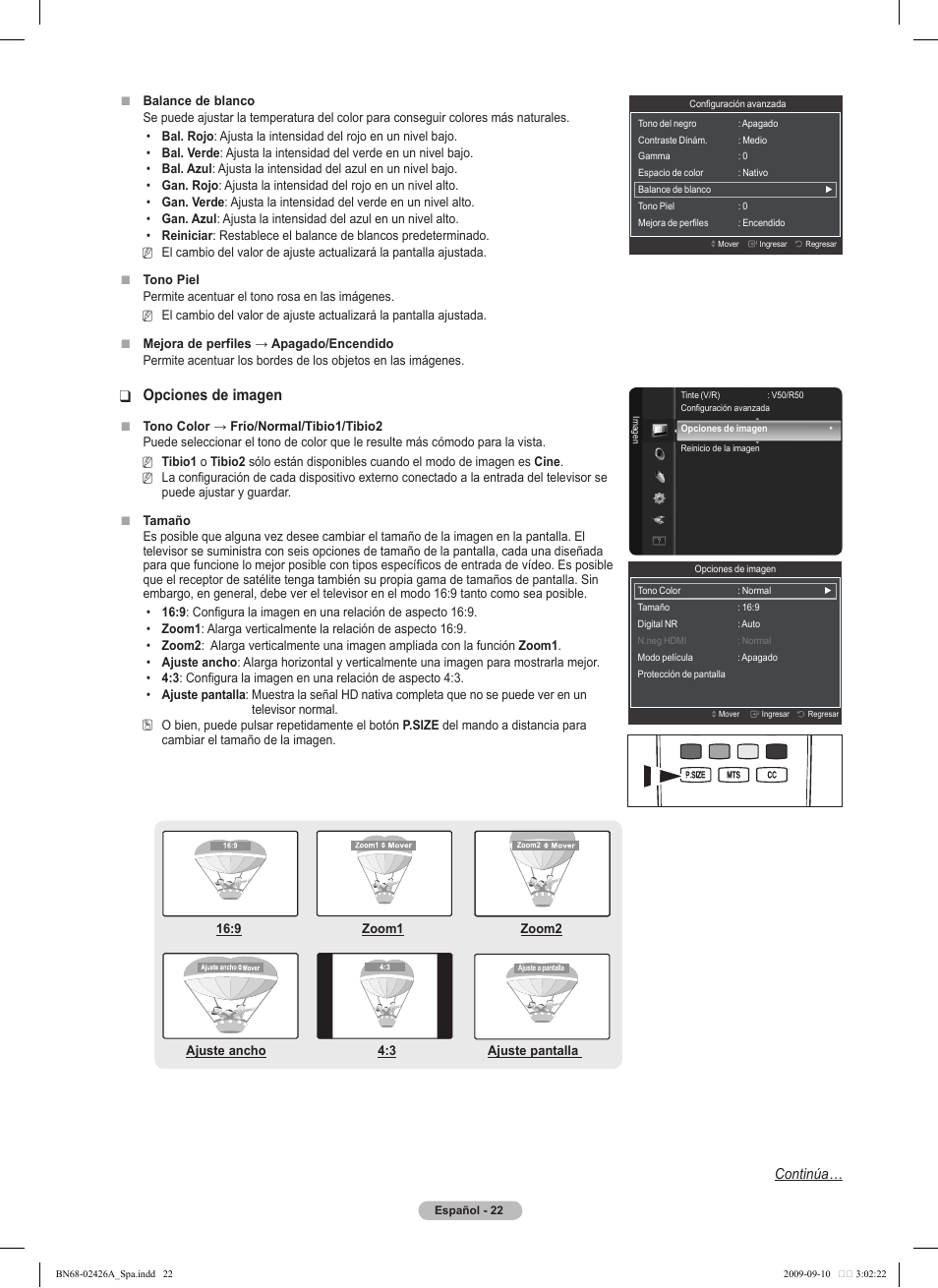 Opciones de imagen, Continúa | Samsung BN68-02426A-00 User Manual | Page 63 / 125