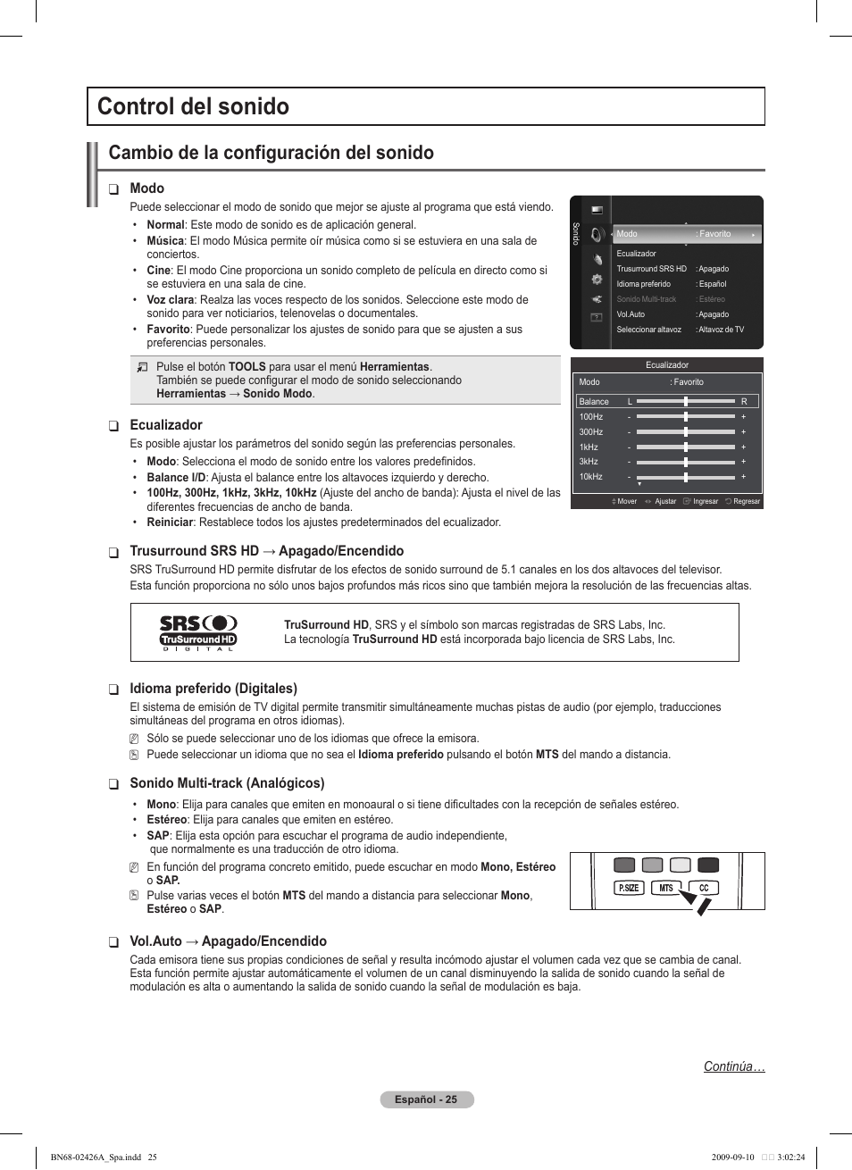 Control del sonido, Cambio de la configuración del sonido, Modo | Ecualizador, Trusurroundsrshd→apagado/encendido, Idioma preferido ( ❑ digitales), Sonido multi-track ( ❑ analógicos), Vol.auto→apagado/encendido | Samsung BN68-02426A-00 User Manual | Page 66 / 125