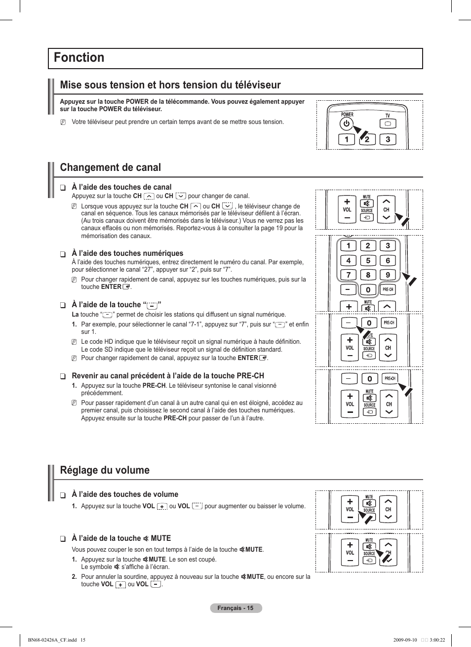 Fonction, Mise sous tension et hors tension du téléviseur, Changement de canal | Réglage du volume | Samsung BN68-02426A-00 User Manual | Page 98 / 125