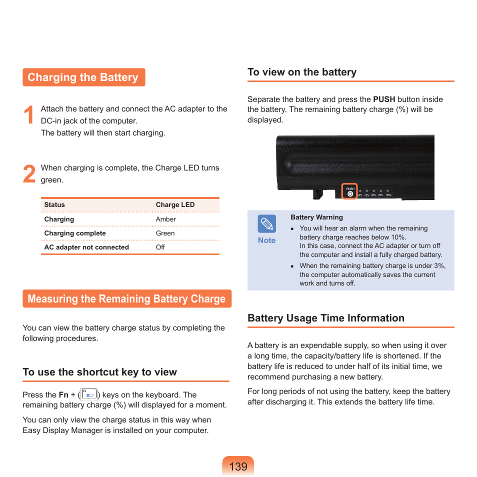 Charging the battery, Measuring the remaining battery charge | Samsung X65 User Manual | Page 140 / 195