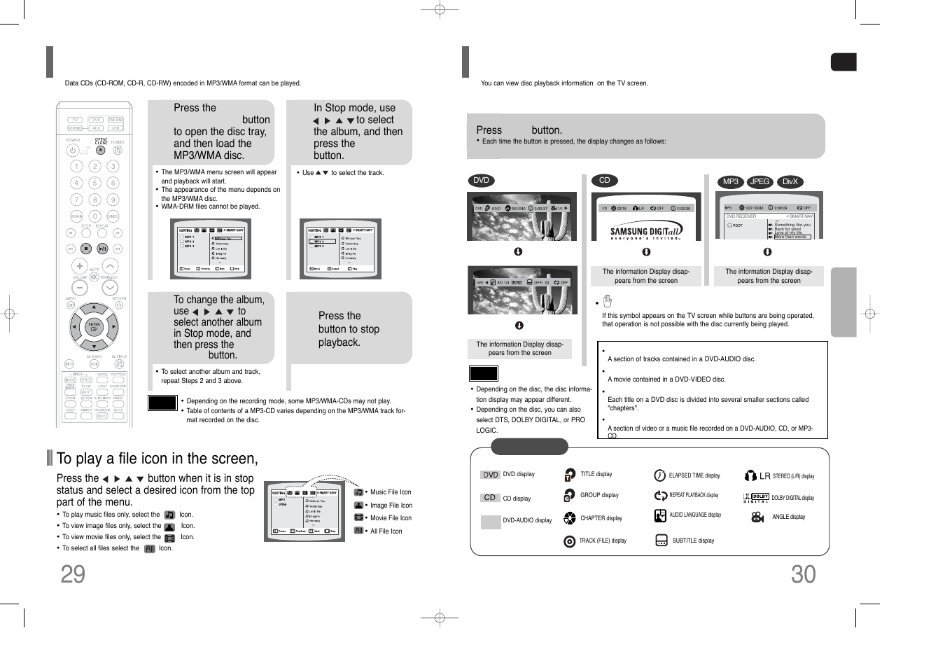 Mp3/wma-cd playback, Displaying disc information | Samsung HT-Q80 HT-TQ85 User Manual | Page 16 / 44