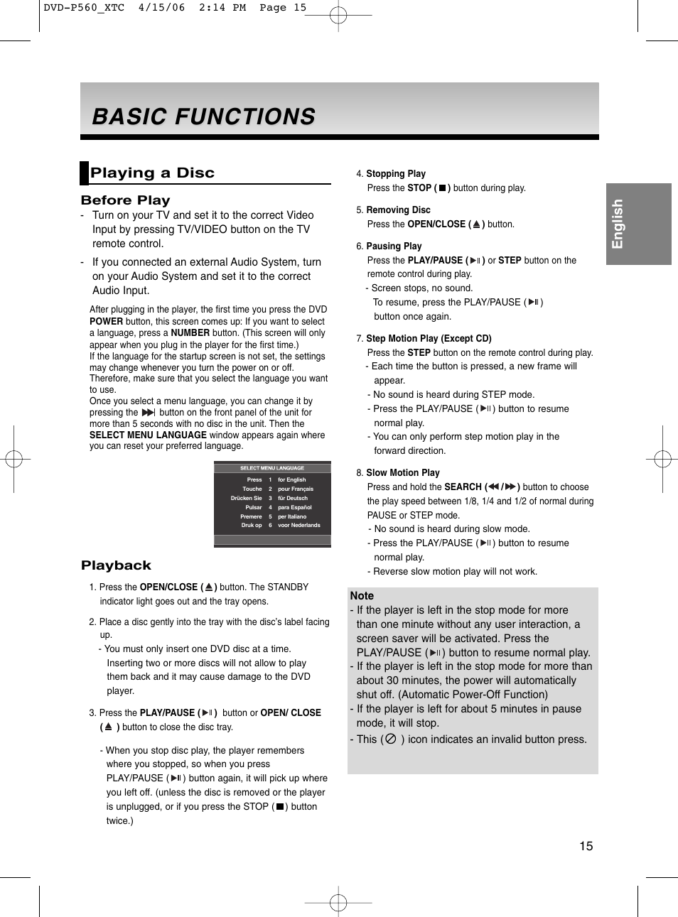 Basic basic functions functions, Playing a disc, Basic | Basic functions functions, English, Before play, Playback | Samsung DVD-P560 User Manual | Page 15 / 36