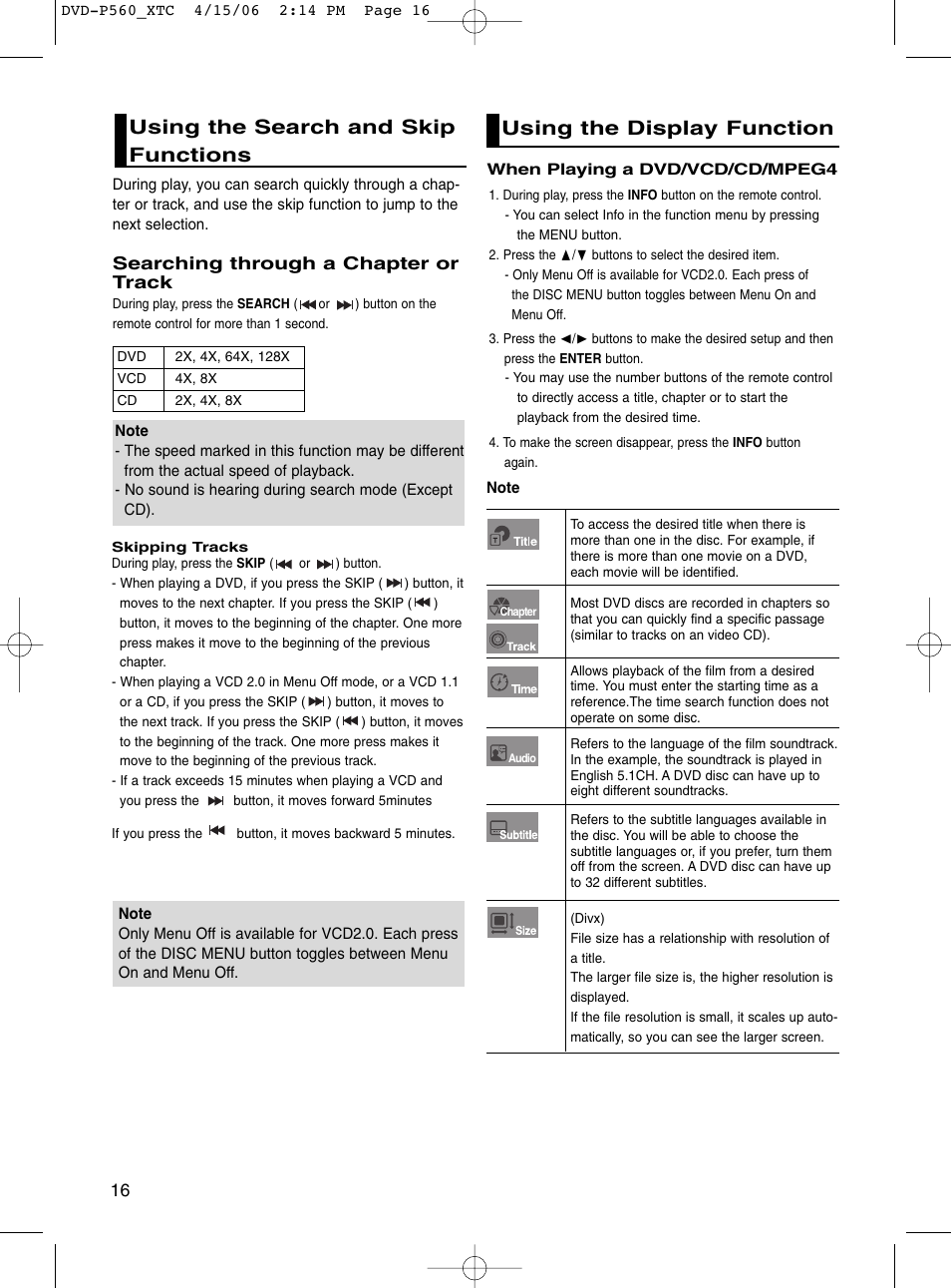 Using the search and skip functions, Using the display function | Samsung DVD-P560 User Manual | Page 16 / 36