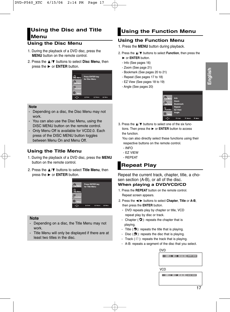 Using the disc and title menu, Using the function menu, Repeat play | English using the disc and title menu, Using the disc menu, Using the title menu | Samsung DVD-P560 User Manual | Page 17 / 36
