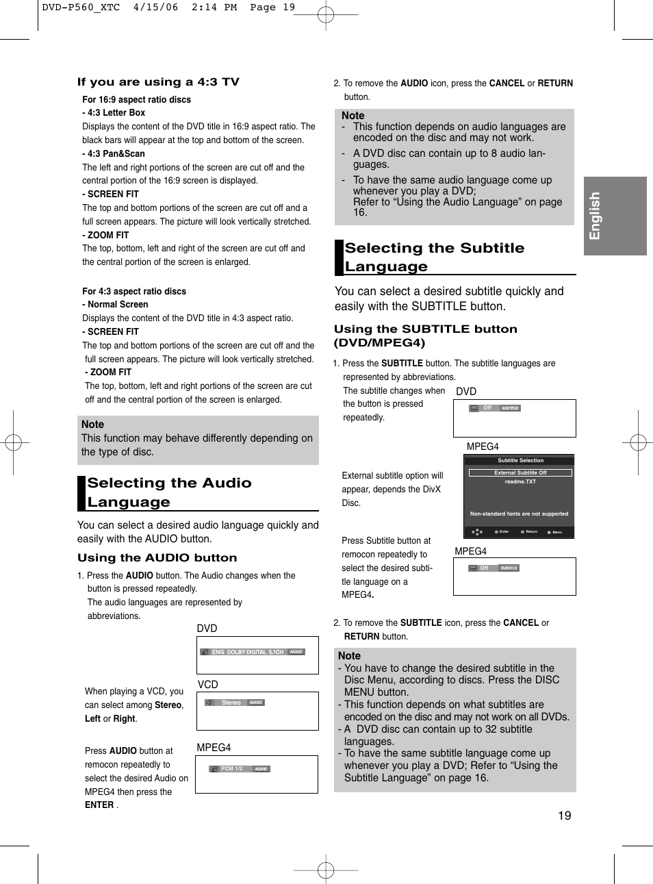 Selecting the audio language, Selecting the subtitle language, English | Samsung DVD-P560 User Manual | Page 19 / 36