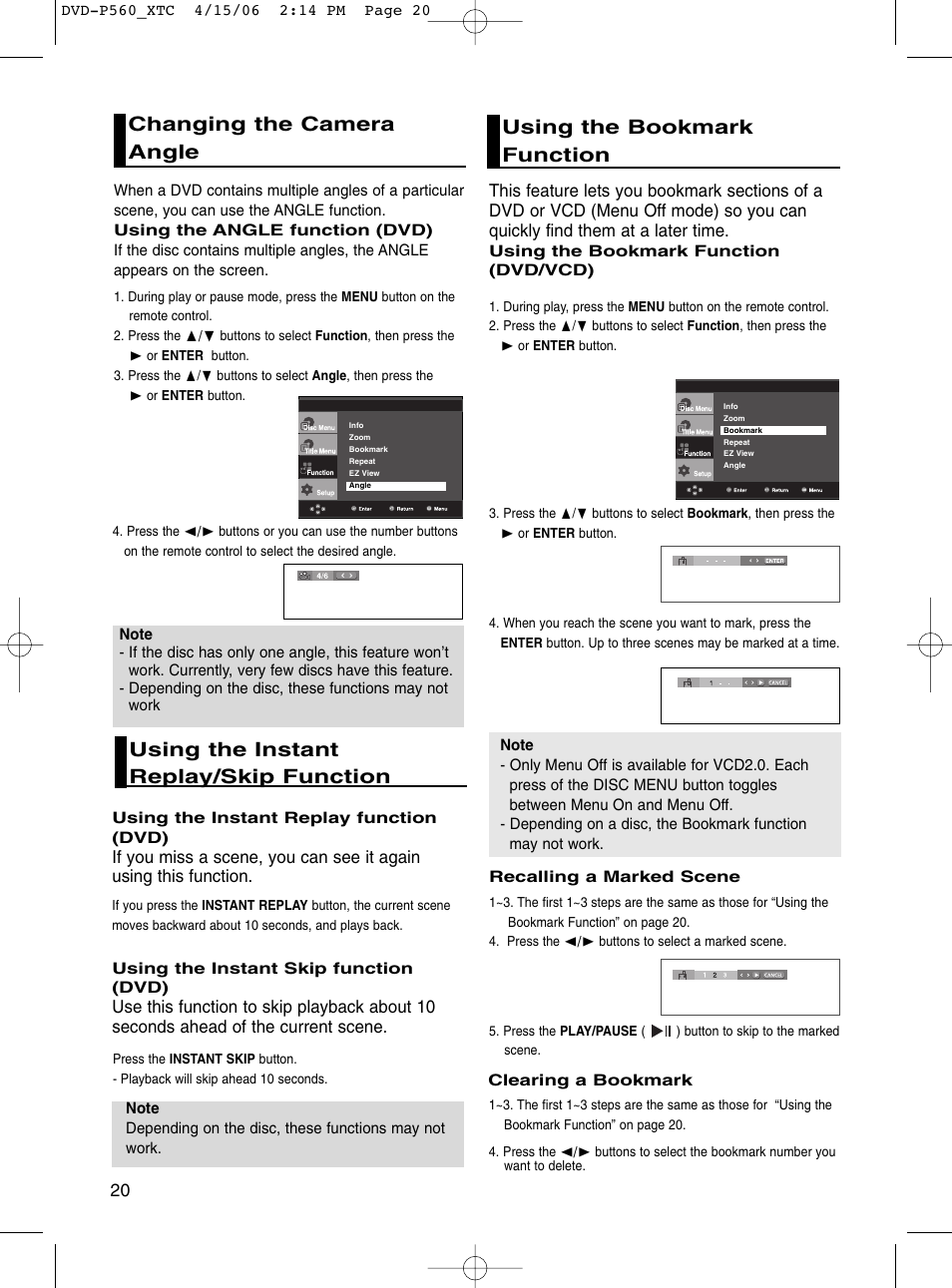 Changing the camera angle, Using the instant replay/skip function, Using the bookmark function | Samsung DVD-P560 User Manual | Page 20 / 36