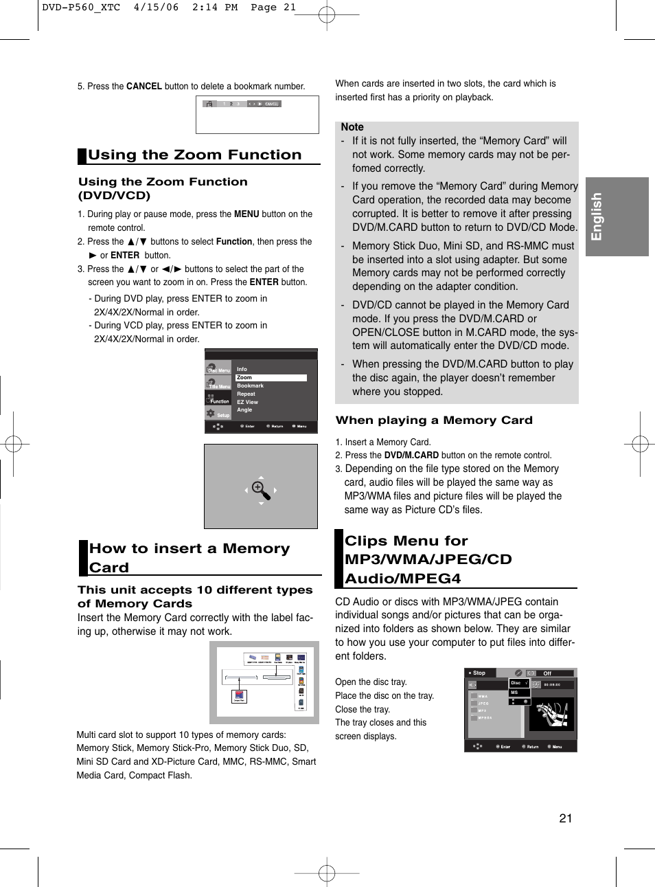 Using the zoom function, How to insert a memory card, Clips menu for mp3/wma/jpeg/cd audio/mpeg4 | English using the zoom function | Samsung DVD-P560 User Manual | Page 21 / 36