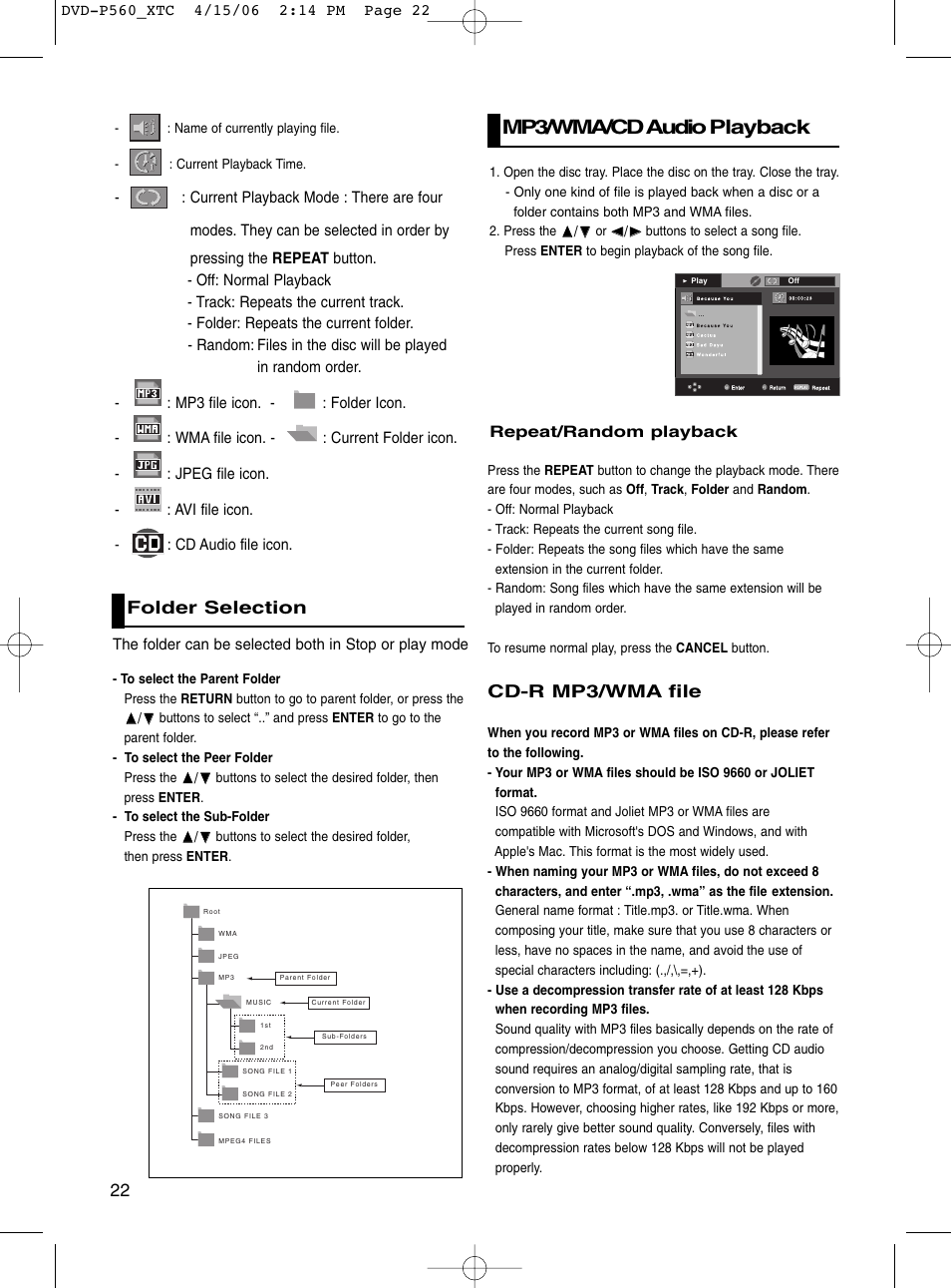 Folder selection, Mp3/wma/cd audio playback, Cd-r mp3/wma file | Samsung DVD-P560 User Manual | Page 22 / 36