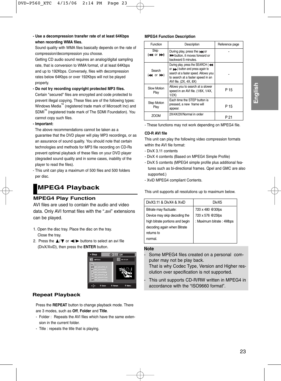 Mpeg4 playback, English | Samsung DVD-P560 User Manual | Page 23 / 36