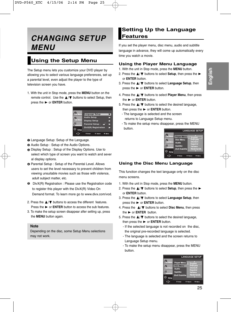 Changing setup changing setup menu menu, Using the setup menu, Setting up the language features | Changing setup, Changing setup menu menu, English | Samsung DVD-P560 User Manual | Page 25 / 36
